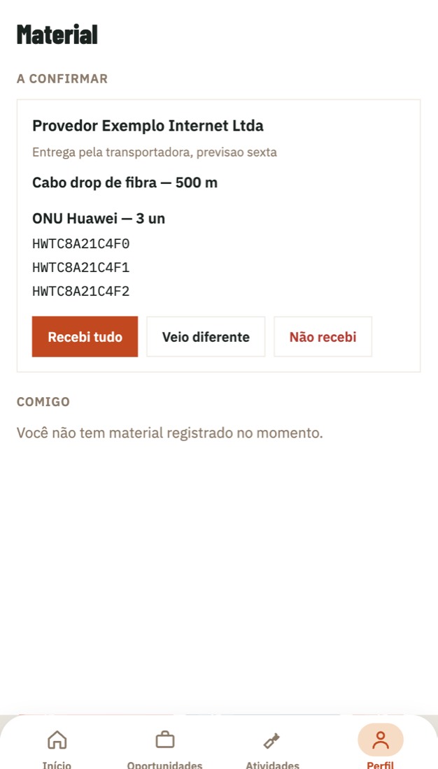 Tela do app mostrando uma remessa a confirmar com os três botões: recebi tudo, veio diferente e não recebi